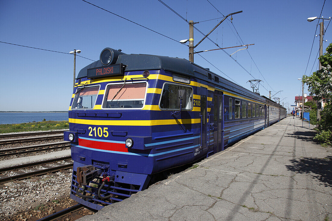 waiting train at platform of  Paldiski  Baltischport) train station , Baltic State, Eastern Europe.