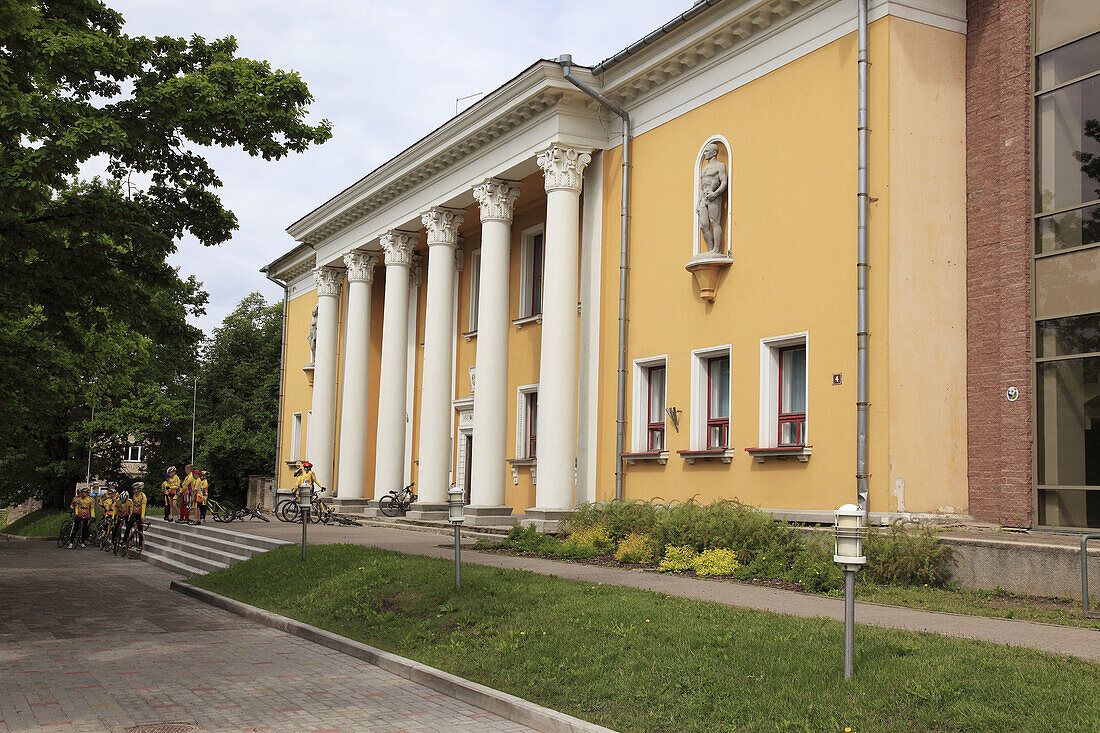 facade of a classicistic building downtown in the city of Viljandi, Estonia, Baltic State, Eastern Europe.