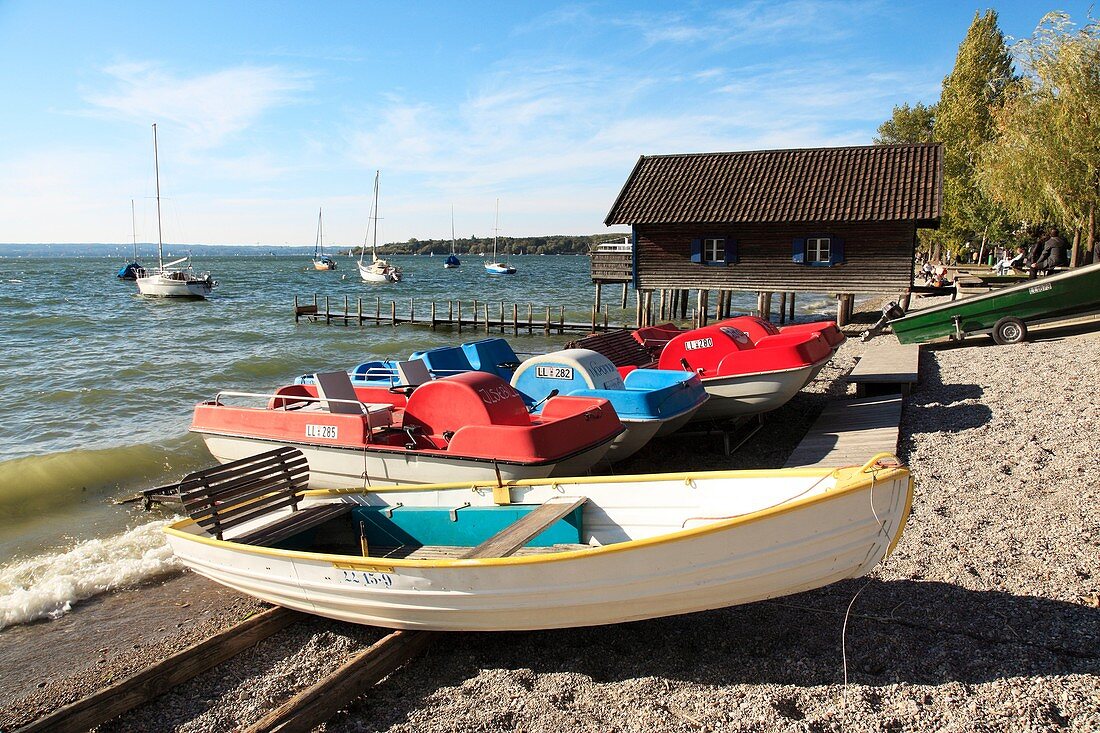 beach, boats and boat house at lake Ammersee, Upper Bavaria, Germany, Europe
