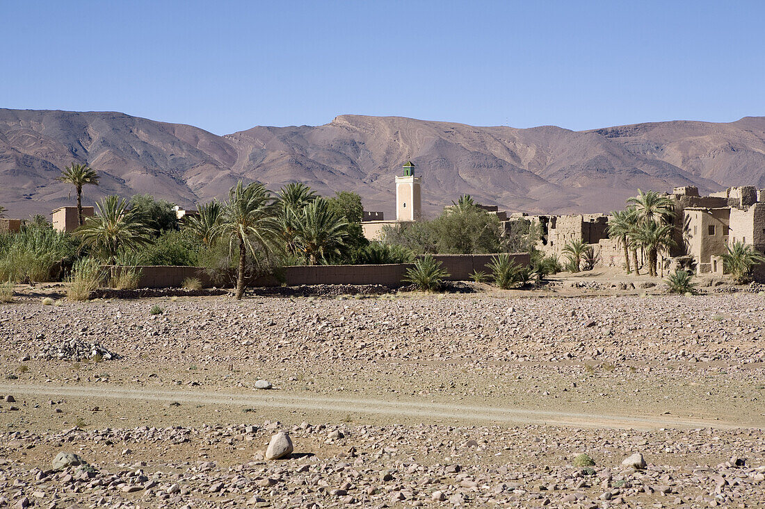 Siedlung in der Wüste bei Tamnougalt im Draa Tal, Marokko