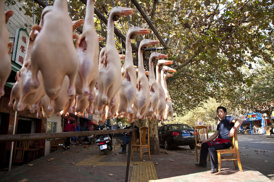 Tote Enten ohne Federn wurden vor einem Restaurant zum Trocknen aufgehängt, Kunming, Yunnan, Volksrepublik China, Asien