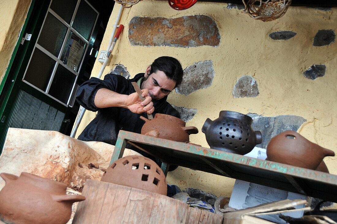 Man working at pottery Rufina in El Celcado, Gomera, Canary Isles, Spain, Europe