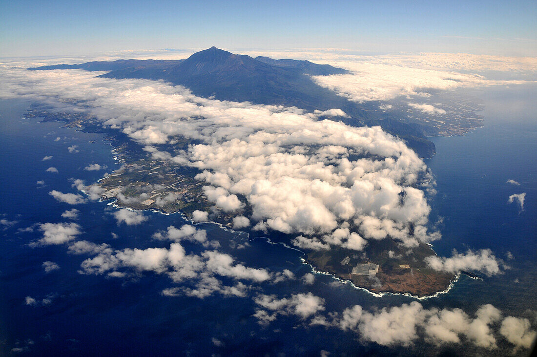 Aerial view of west coast and Teide, Tenerife, Canary Isles, Spain, Europe