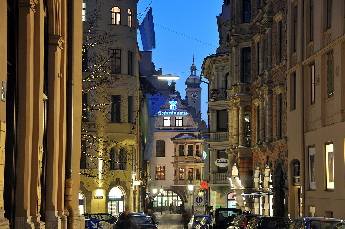 View from Kosttor to Hofbrauhaus in the evening, winter in Munich, Bavaria, Germany, Europe