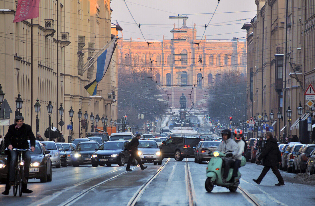 Maximilianstreet with Maximilianeum at dusk, winter in Munich, Bavaria, Germany, Europe