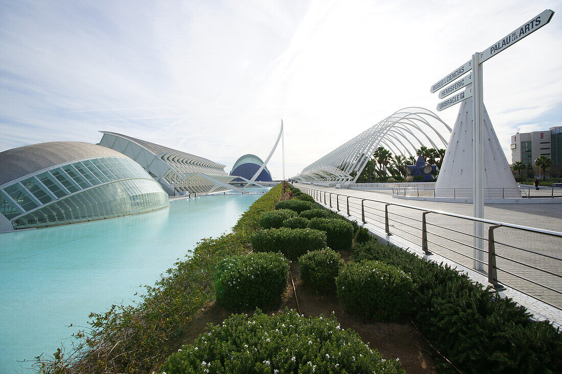 Bridge and buildings at Ciudad de las Artes y las Ciencias, City of Arts and Sciences, designed by Santiago Calatrava, Valencia, Spain, Europe