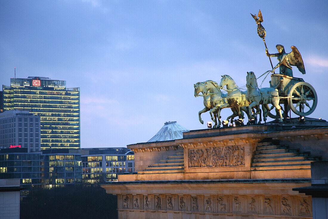 Quadriga, Brandenburg Gate and BahnTower in the evening, Berlin, Germany, Europe