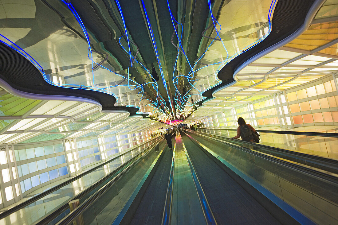 Light sculptures and moving walkway at O'Hare International Airport, Chicago, Illinois, USA
