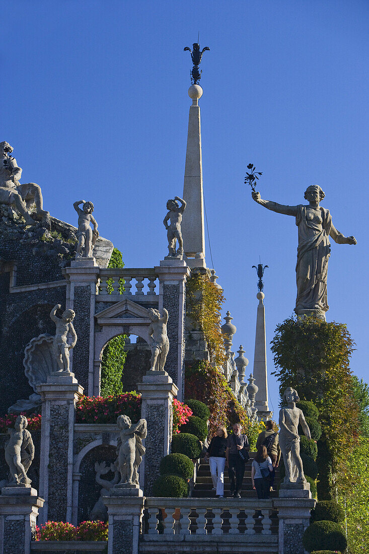 Statues and sculptures in the Garden of the baroque Palazzo Borromeo, Isola Bella, Lago Maggiore, Piedmont, Italy