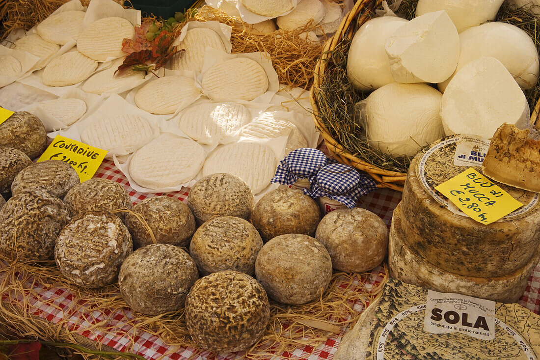 Cheese stall at the market in Alba, Piedmont, Italy
