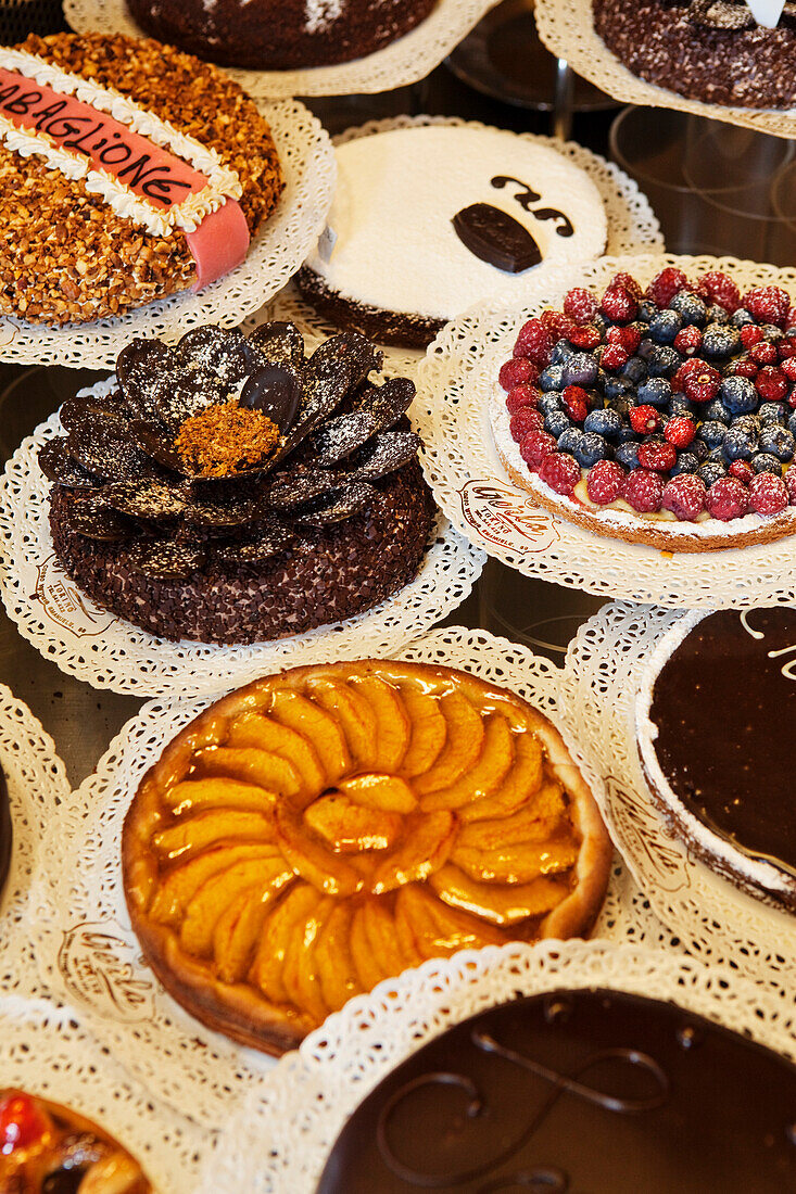 Display of cakes and tartes in Cafe Gerla, Turin, Piedmont, Italy