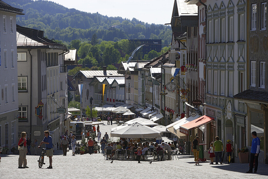 Marktstrasse with cafes, Bad Toelz, Upper Bavaria, Bavaria, Germany