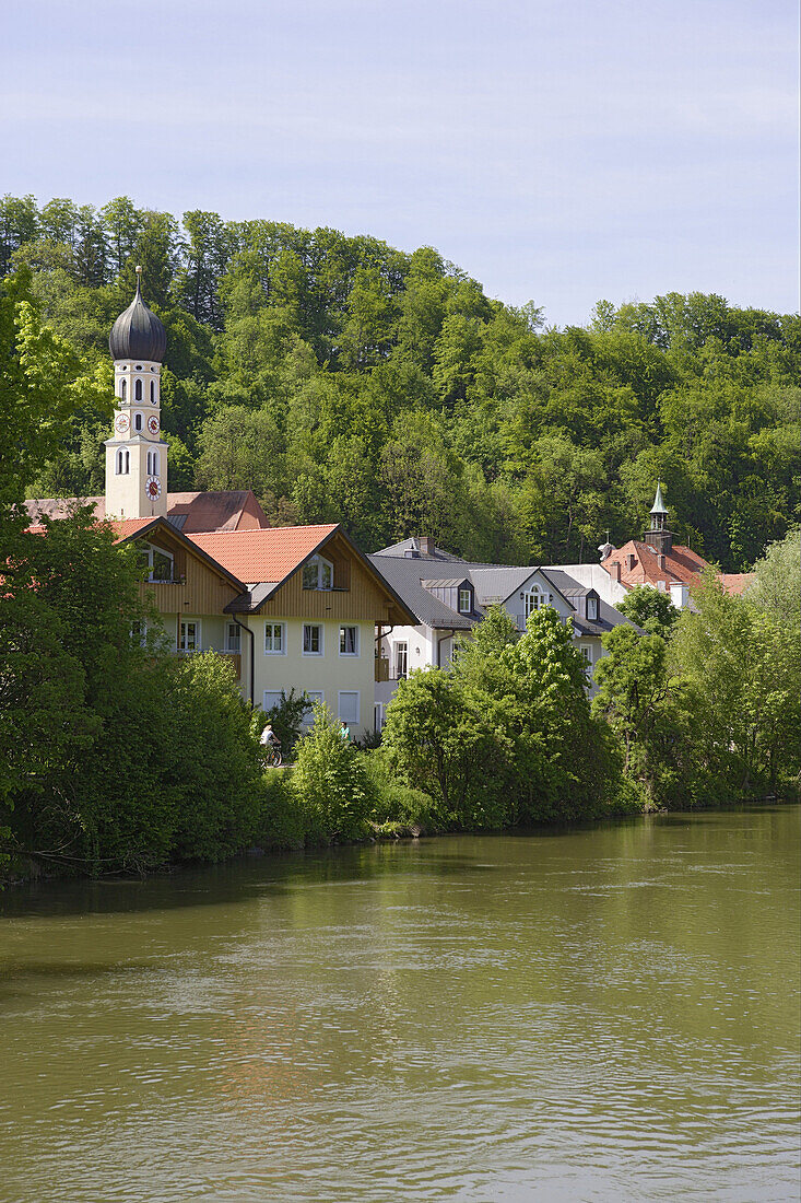 View over river Isar to Wolfratshausen, Upper Bavaria, Bavaria, Germany