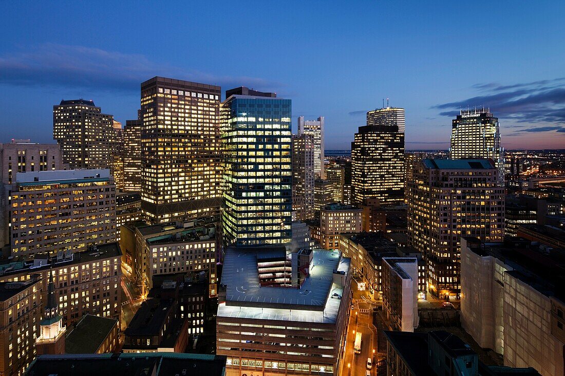 USA, Massachusetts, Boston, Financial District Buildings, high angle view, evening