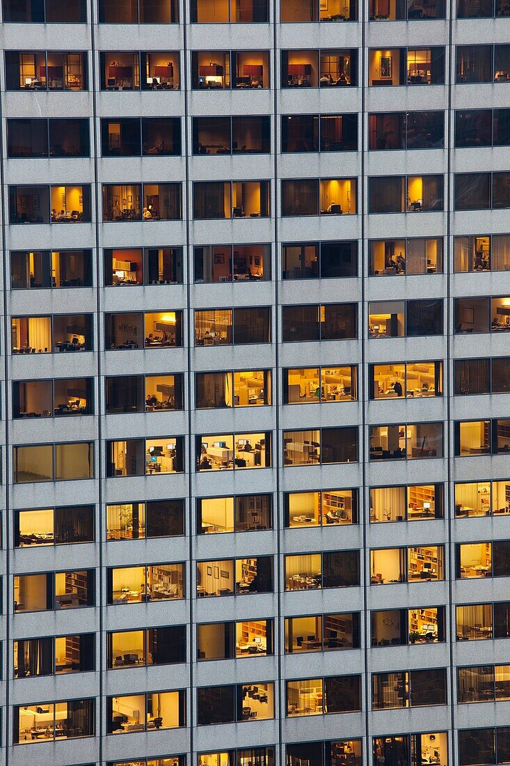 USA, Massachusetts, Boston, detail view of Financial District office building, dusk