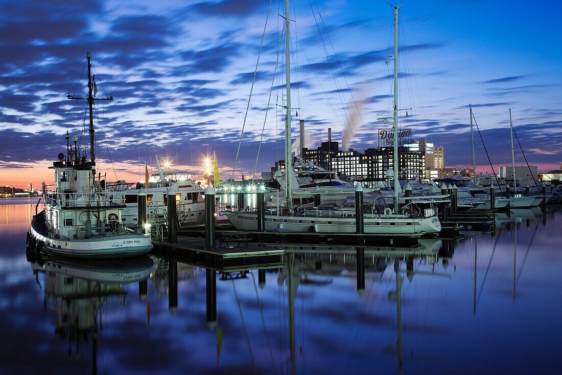 USA, Maryland, Baltimore, Inner Harbor, Harbor View Marina, dawn