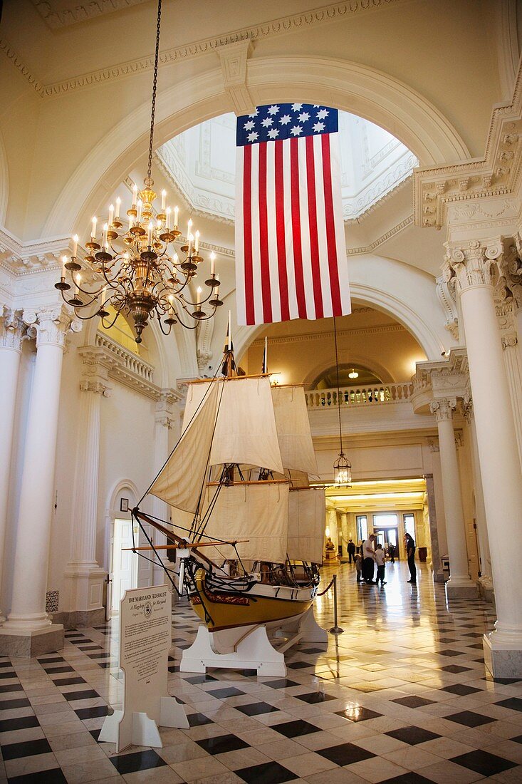 USA, Maryland, Annapolis, Maryland State Capitol building, model of the Federalist, early Maryland sailing ship