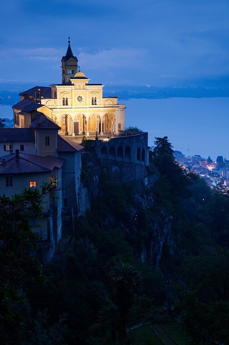 Switzerland, Ticino, Lake Maggiore, Locarno, Madonna del Sasso church, evening