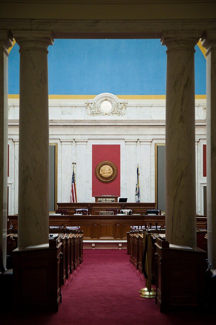 USA, West Virginia, Charleston, West Virginia State Capitol, State House of Representatives legislative chamber, entrance
