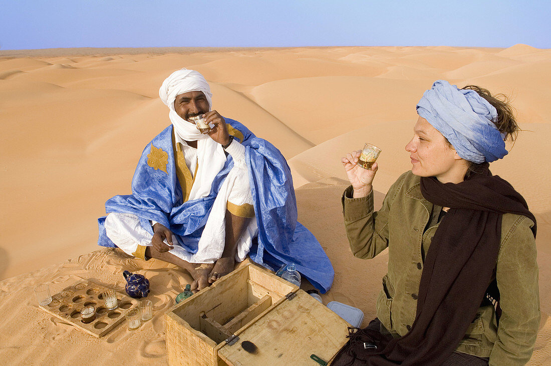 Drinking tea in the desert, Chinguetti. Adrar Plateau, Sahara Desert, Mauritania