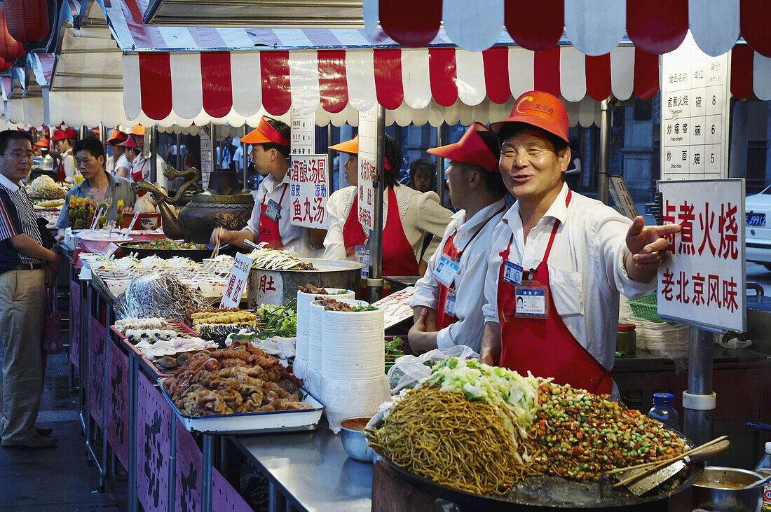 Food stalls at Donghua Yeshi Night Market, Beijing, China