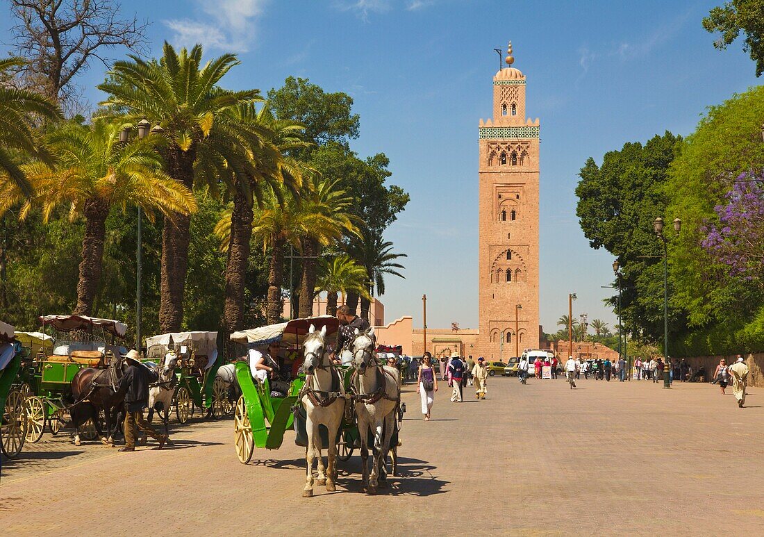 Horse drawn carriages and Koutoubia minaret, Marrakech, Morocco