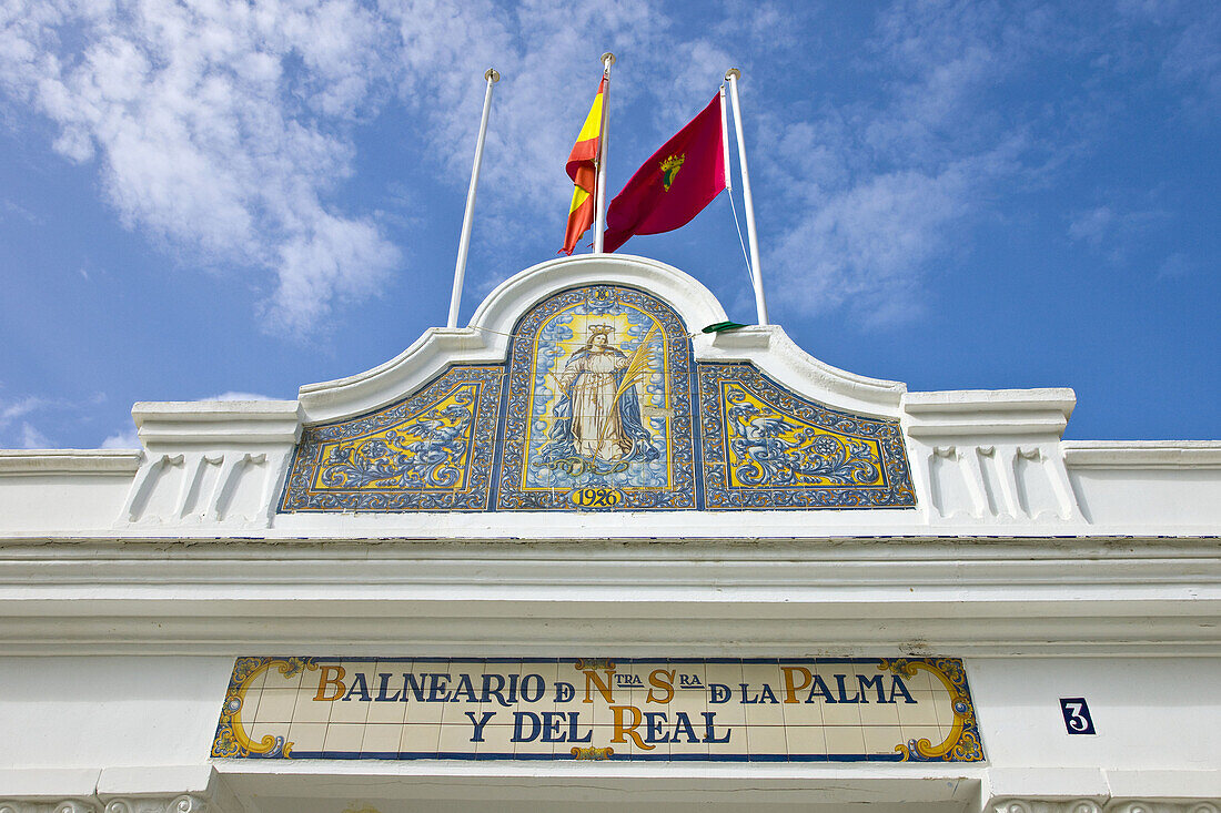 Nuestra Señora de la Palma y del Real bath house sign, La Caleta beach, Cadiz. Andalusia, Spain