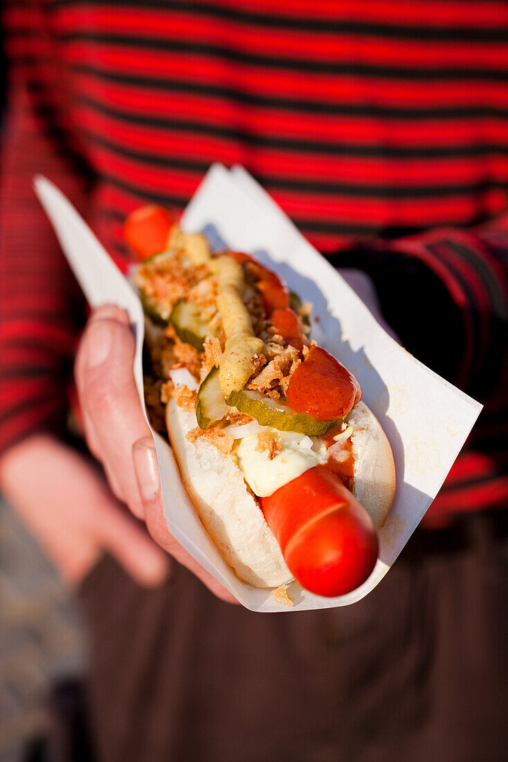 Hand mit Hot Dog, Landesspezialität, Kopenhagen, Dänemark