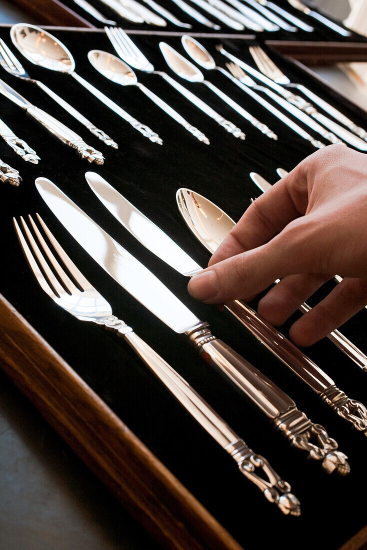 Silver Cutlery in the Georg Jensen Design shop, Royal Copenhagen Flagship store, Copenhagen, Denmark