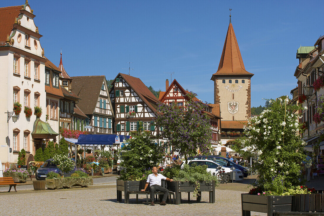 Market place and the city gate Obertor at the town of Gengenbach, Summer, Gengenbach, Ortenaukreis, Black Forest, Baden-Wuerttemberg, Germany, Europe