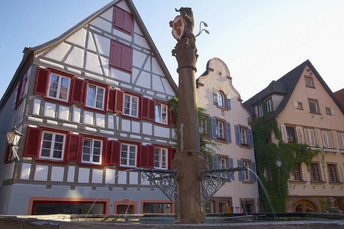 Half-timbered houses and well at the market place in the town of Schiltach, Valley Kinzigtal, Southern Part of Black Forest, Black Forest, Baden-Württemberg, Germany, Europe