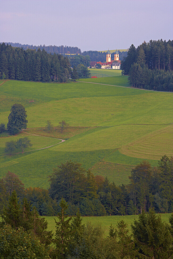 Wiese mit Kirche von St. Märgen, Südlicher Schwarzwald, Schwarzwald, Baden-Württemberg, Deutschland, Europa