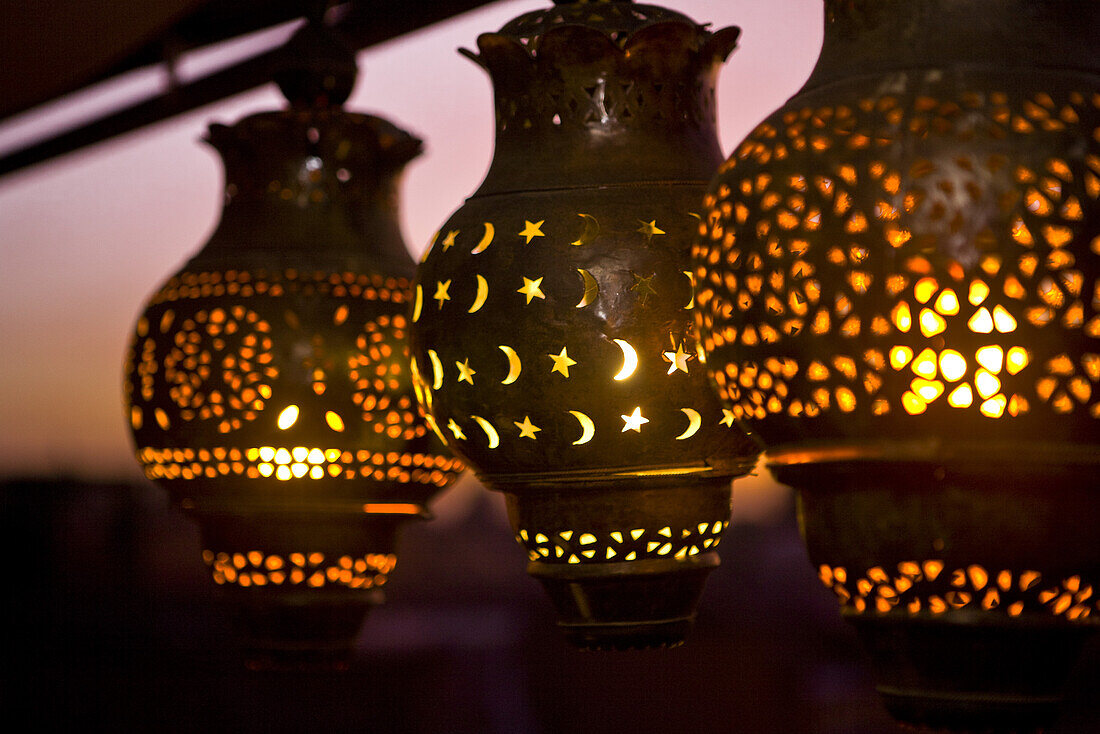 Moroccan lamps on a rooftop terrace at Café Arabe restaurant, Marrakech, Morocco, Africa