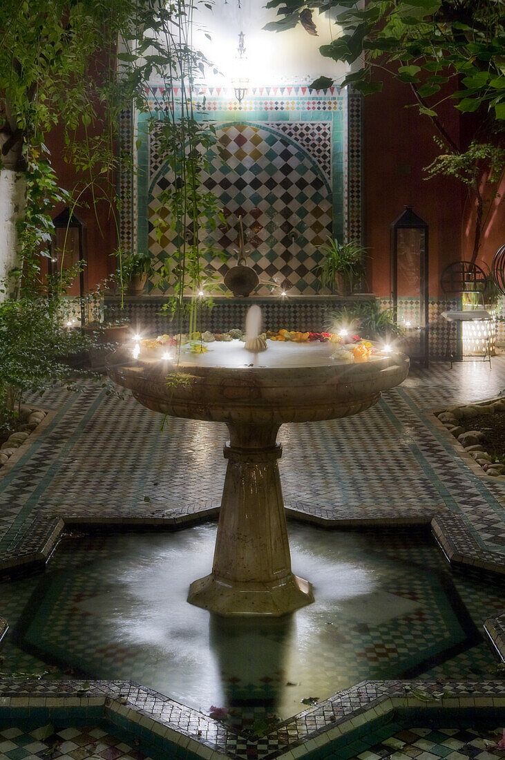 Fountain in courtyard at Riad Kaiss, Marrakech, Morocco, Africa