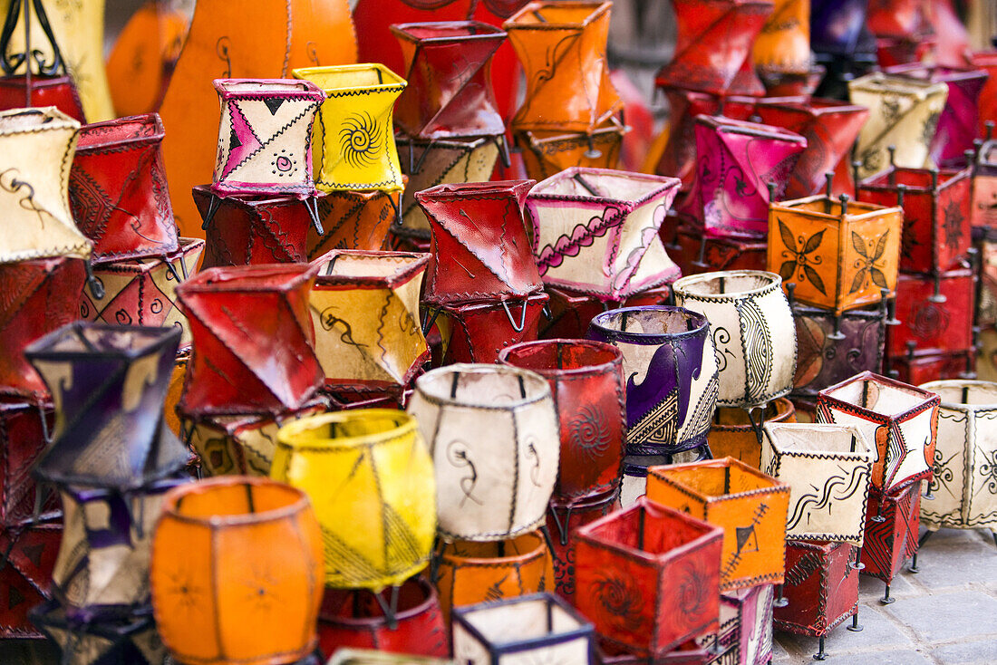 Lamps for sale in the souks, Marrakech, Morocco, Africa