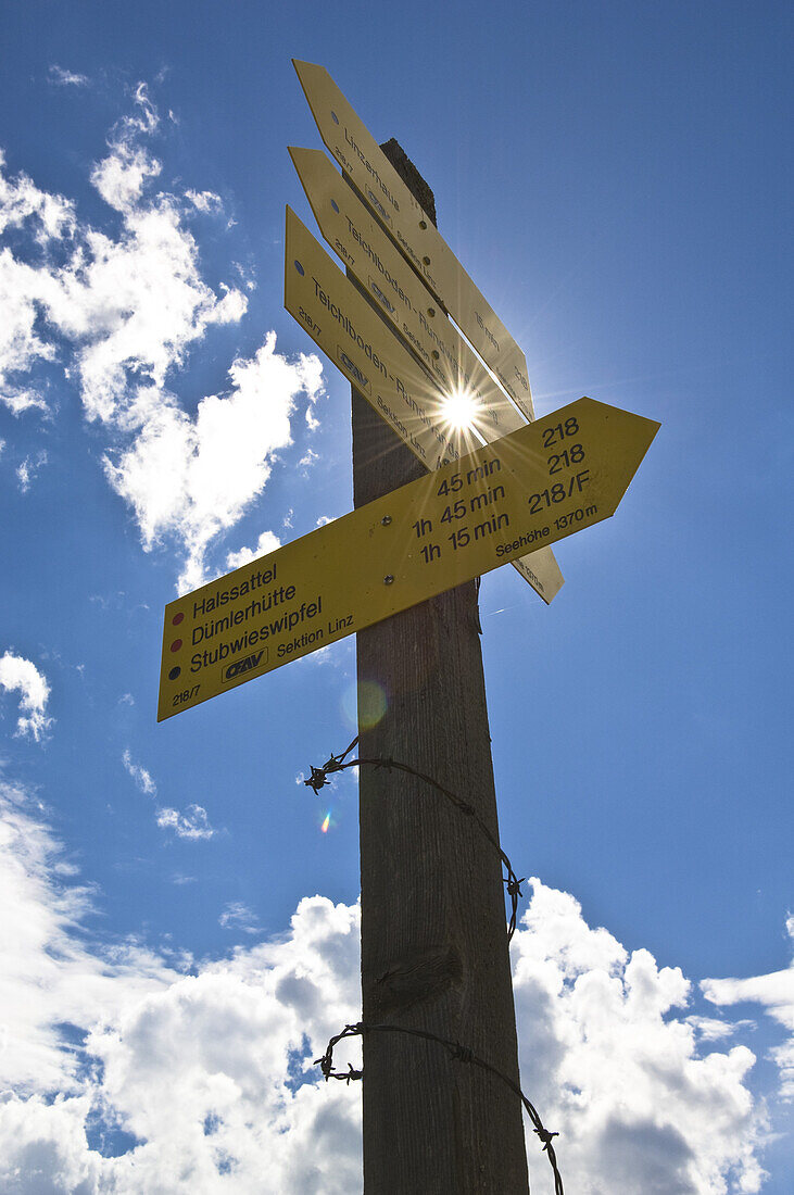 Signpost, Wurzeralm, Totes Gebirge, Upper Austria, Austria