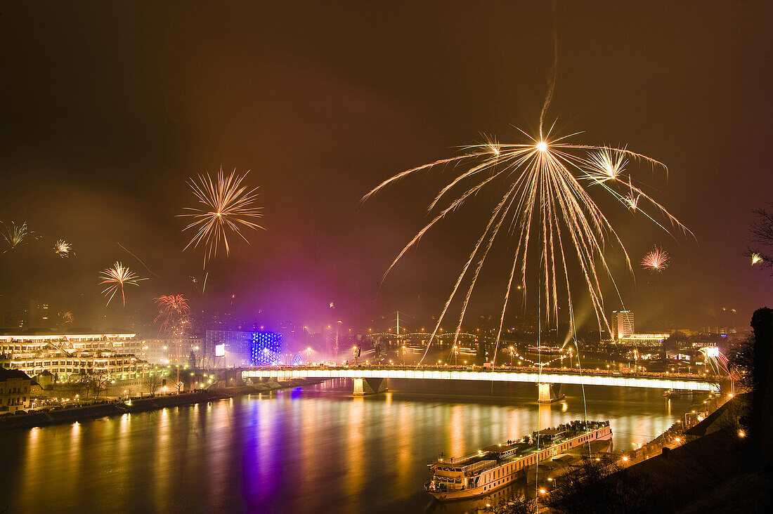 View over Danube to fireworks, Linz, Upper Austria, Austria