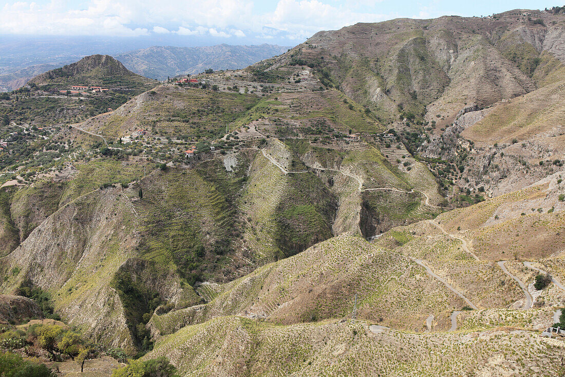 View from Castelmola on the mountains behind Taormina, Messina Province, Sicily, Italy, Europe