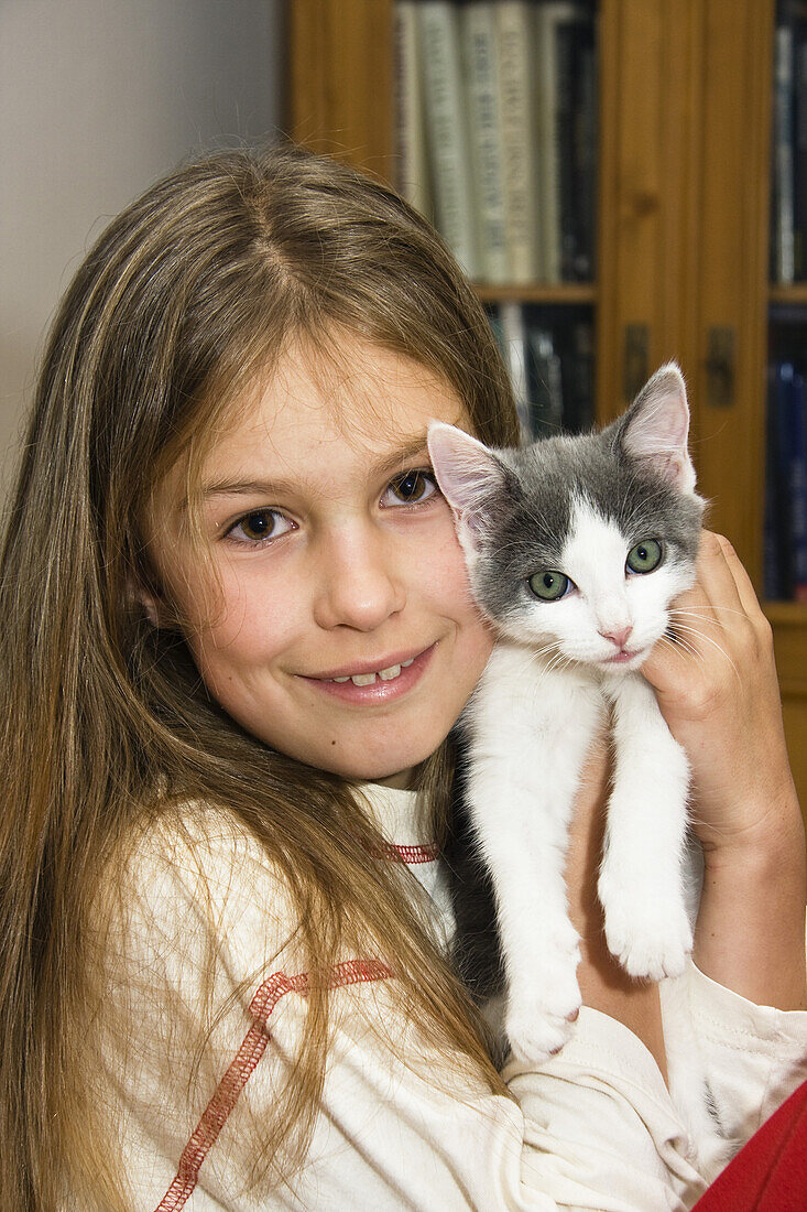 Young kitten, domestic cat in a girl's arms, Germany