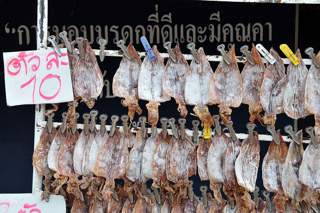 Dried squid on a market in the old kingdomtown Ayutthaya, Thailand, Asia