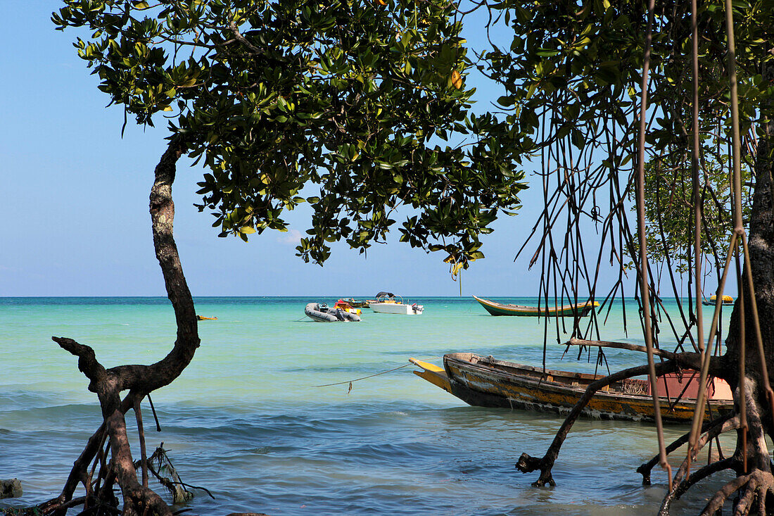 Mangroven und Boote am Strand 5, Havelock Island, Andamanen, Indien