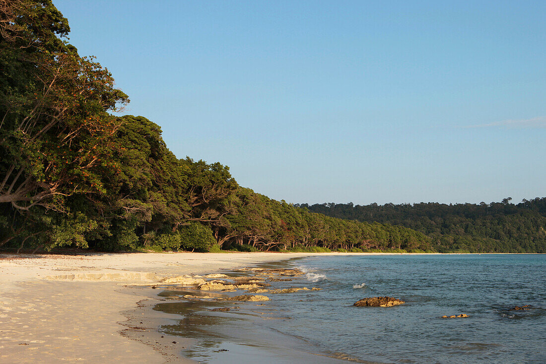 View over the 12 km long Radha Nagar Beach and its costal rainforest, Beach 7, Havelock Island, Andamans, India