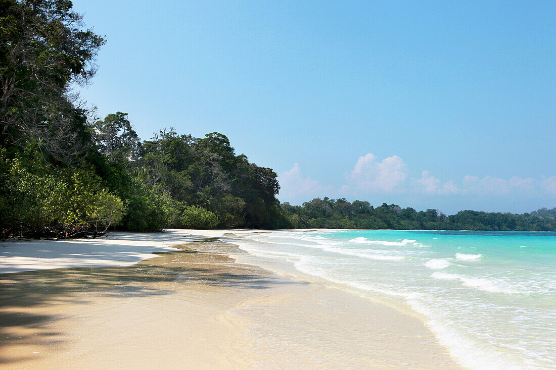 View over the deserted beach at Merk Bay, North Passage Island, Middle Andaman, Andamans, India