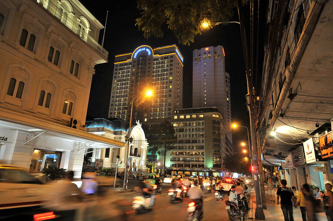 Municipal Theater and Hotel Continental at night, Saigon, Ho Chi Minh City, Vietnam