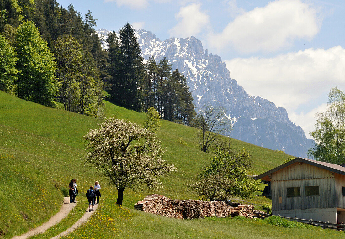 Hikers near lake Hintersteiner near Scheffau at Wilder Kaiser, Tyrol, Austria