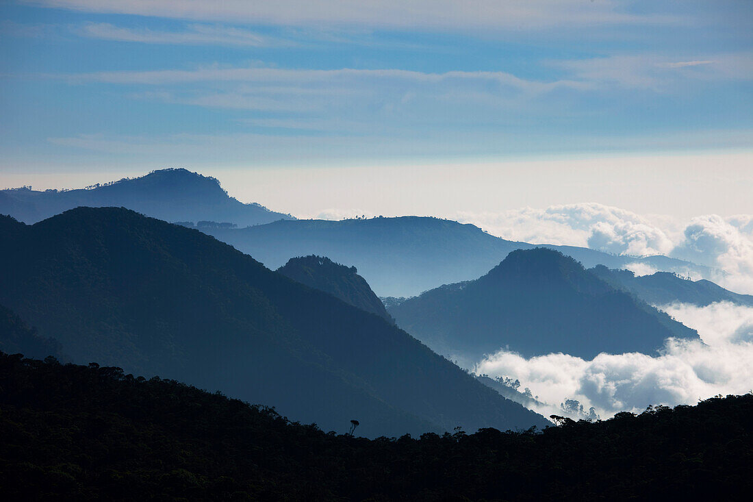 Mountain peaks and clouds at World's End, Horton Plains National Park, Nuwara Eliya, Sri Lanka, Asia