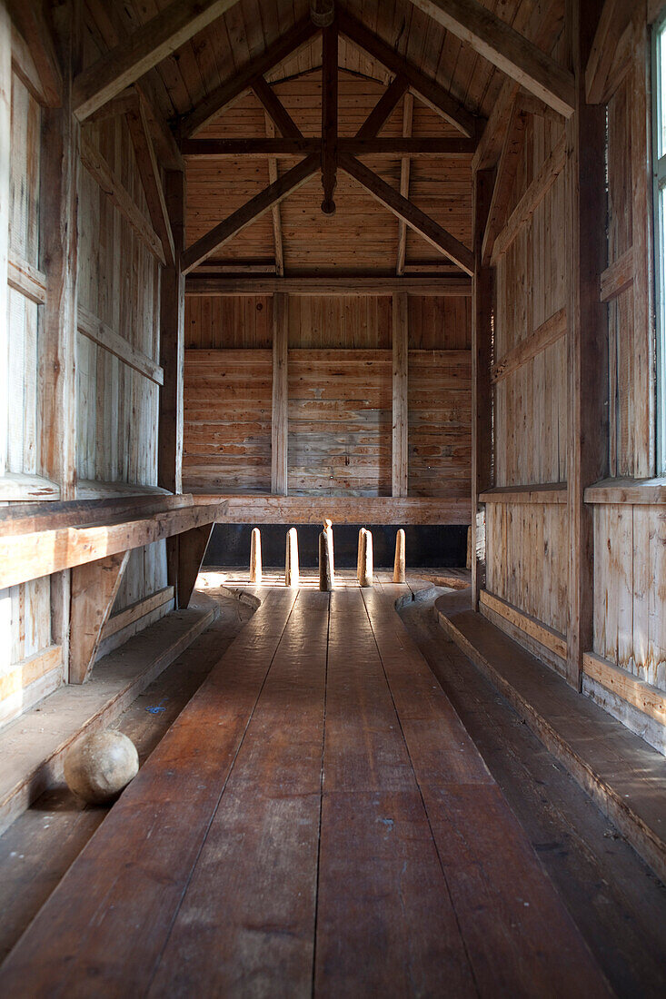 Old wooden bowling alley on the island of Norrbyskaer, Vaesterbotten, Sweden, Europe