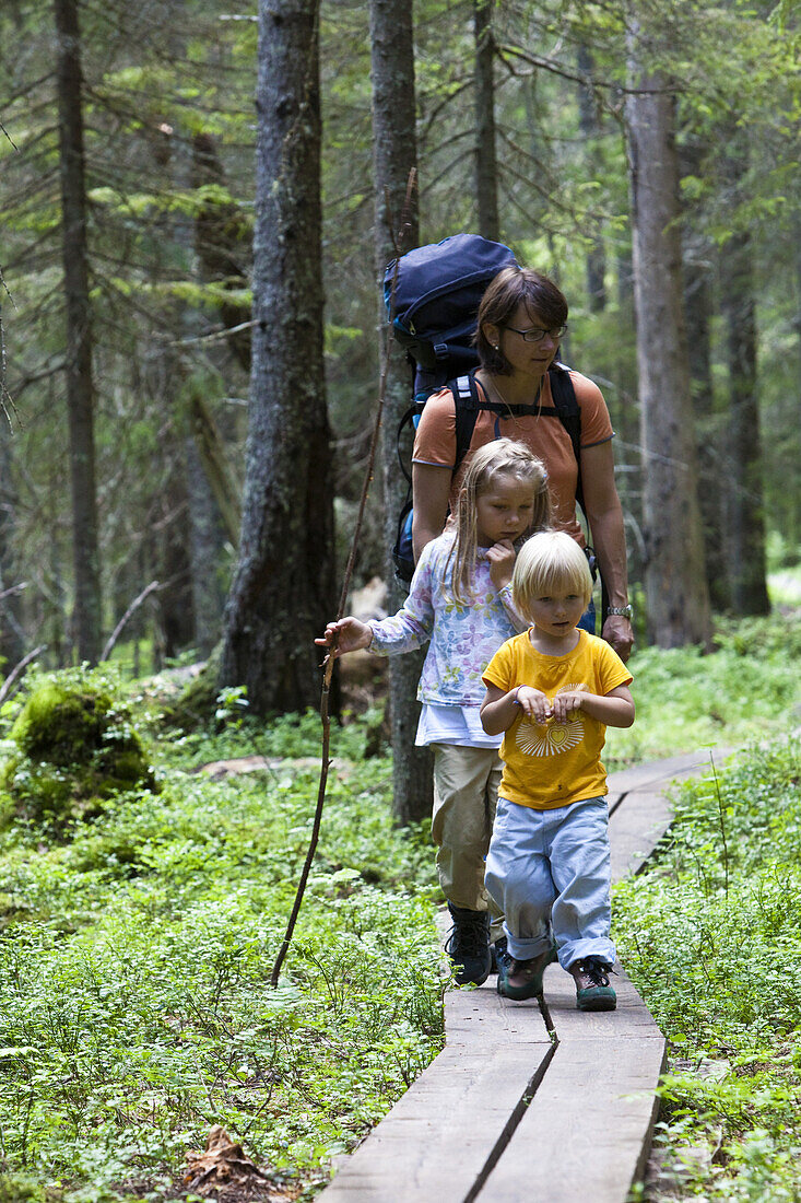 A woman and two girls hiking at the national park Skuleskogen, Höga Kusten, Vaesternorrland, Sweden, Europe