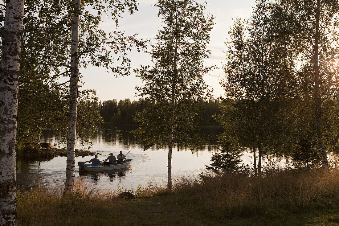 Drei Männer fahren morgens in einem kleinen Boot zum Angeln, Västerbotten, Schweden, Europa