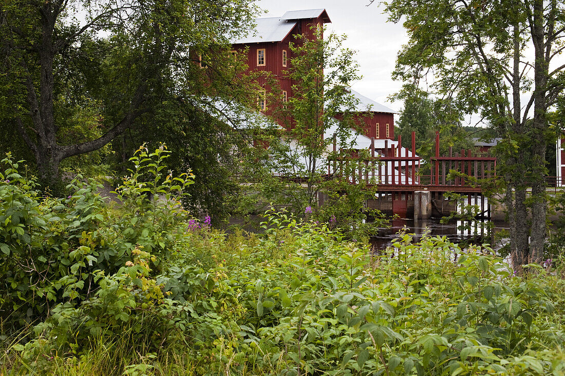 The old ironworks of Olofsfors behind trees, Vaesterbotten, Sweden, Europe